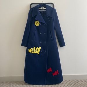 Smiley Face Patchwork Trench Coat Size M Double Breasted Jacket